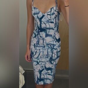 Elegant lavendar Midi dress with Blue and White Abstract detail. Never worn.